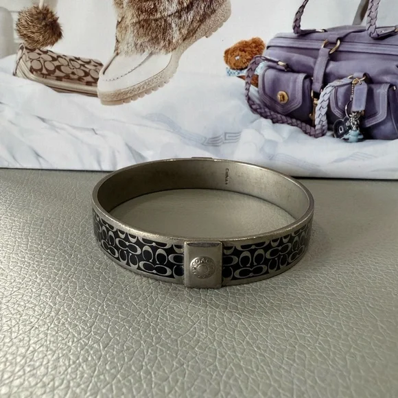 Coach Signature Black Silver Tone Bangle Bracelet - Picture 4 of 8